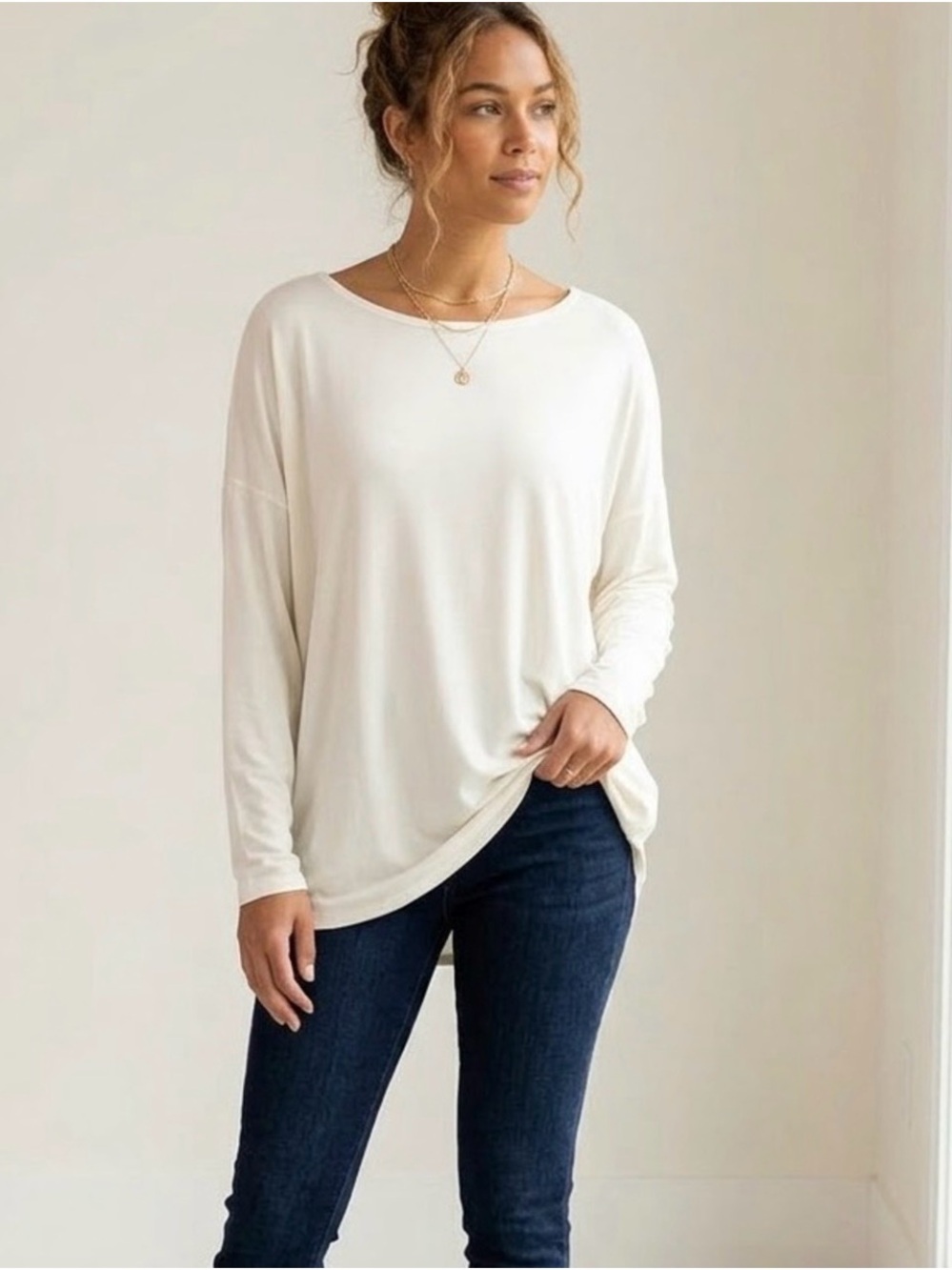 PIKO White Oversized Bamboo Long Sleeve Top Small EUC Flowy Basic